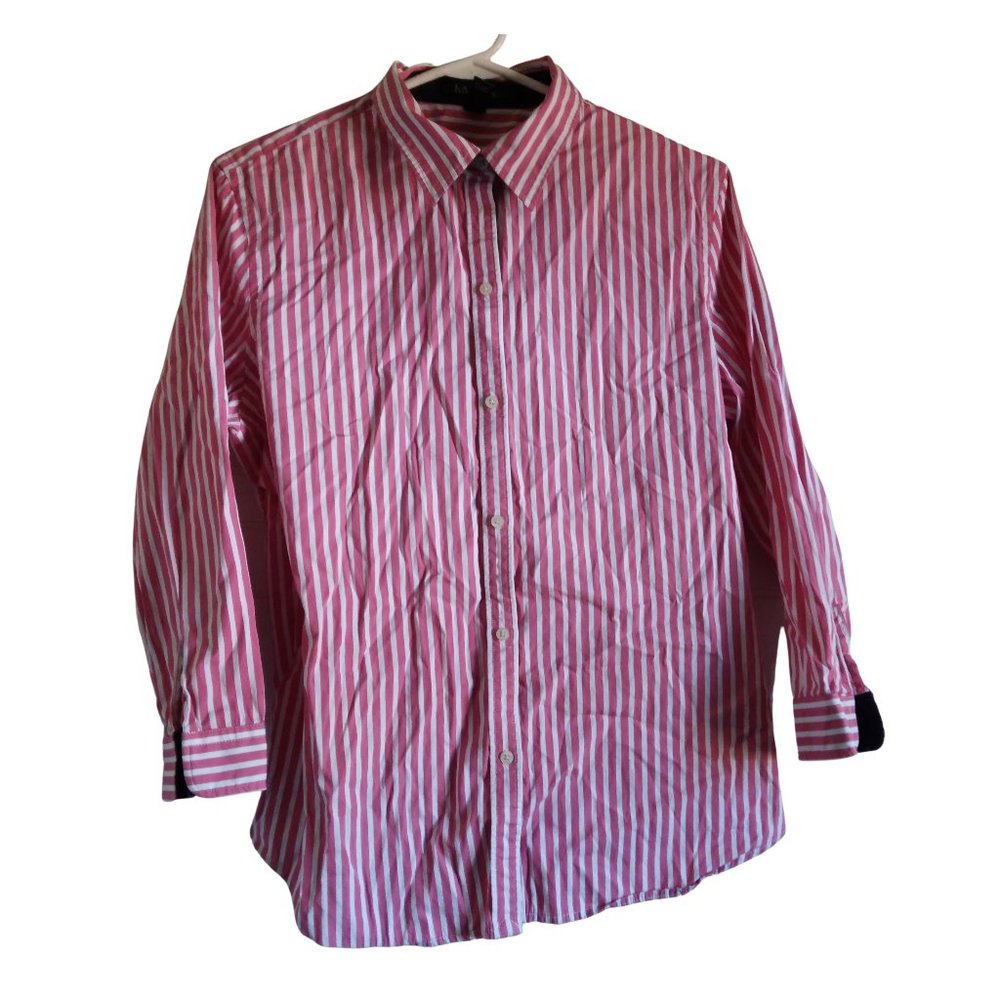 Lauren by Ralph Lauren Pink White Striped Button Down Long Sleeve Shirt, Size XL